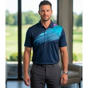 Greg Norman Men's Play Dry Golf Polo Shirt Medium Navy Blue Graphic Retro New